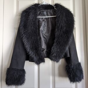 Black cropped Penny Lane style jacket with faux fur trim collar and cuffs